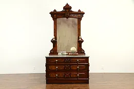 Victorian Antique Walnut Dresser or Chest, Mirror, Marble, Secret Drawer #33046