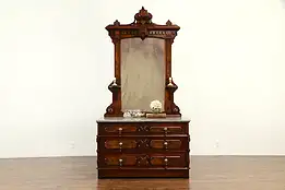 Victorian Antique Walnut Dresser or Chest, Mirror, Marble, Secret Drawer #33046