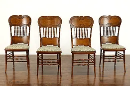 Set of 4 Victorian Antique Carved Oak Pressback Dining Chairs, New Seats #36813