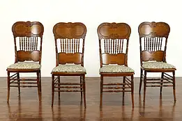 Set of 4 Victorian Antique Carved Oak Pressback Dining Chairs, New Seats #36813