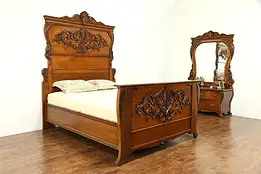 Victorian Carved Oak 1900 Antique 2 Pc. Queen Size Bedroom Set #31187