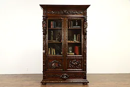 Black Forest Antique Oak Bookcase, or China, Grape, Art & Maritime Motifs #34555