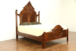 Victorian Antique Carved Walnut & Burl Queen Size Bed #32069