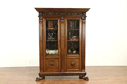 Italian Carved Walnut Antique 1900 Bookcase, Iron Grill & Glass Doors #30731
