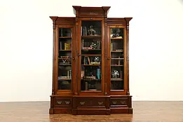 Victorian Eastlake Antique Walnut Triple Bookcase, Wavy Glass Doors #31693