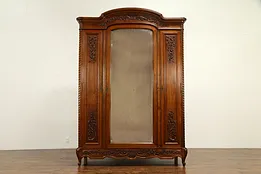 French Antique Hand Carved Walnut Armoire, Wardrobe or Closet, Mirror #31976