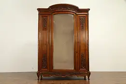 French Antique Hand Carved Walnut Armoire, Wardrobe or Closet, Mirror #31976