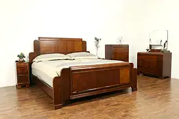 Art Deco Waterfall Design 1940 Vintage 5 Pc Bedroom Set, King Size Bed #31163