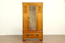 English Antique Carved Armoire, Closet or Wardrobe, Beveled Mirror #32116
