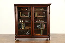 Mahogany Carved Antique Library Bookcase, Wavy Glass Doors #32138