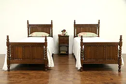 Oak English Tudor Antique Bedroom Set, 2 Single Beds #32149