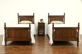 Oak English Tudor Antique Bedroom Set, 2 Single Beds #32149