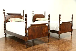 Pair of Antique 1920 Mahogany Twin Poster Beds, Scrolled Headboards #32265