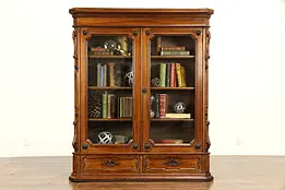 Victorian Antique 1880 Carved Walnut Library Bookcase, Adjustable Shelves #32354