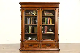 Victorian Antique 1880 Carved Walnut Library Bookcase, Adjustable Shelves #32354