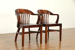 Pair of 1910 Antique Birch Hardwood Banker, Desk or Office Chairs A #32536