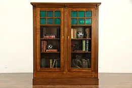 Arts & Crafts Mission Oak 1905 Antique Bookcase, Green Glass  #32563