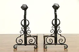 Pair of Hand Wrought Iron Large Antique Fireplace Andirons #32697