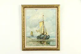 Beached Fishing Boat, Original Antique Dutch Oil Painting, Willem 1891 #32857