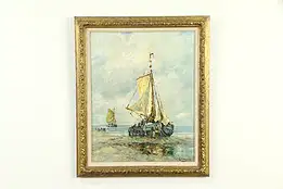 Beached Fishing Boat, Original Antique Dutch Oil Painting, Willem 1891 #32857