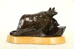 Bronze Bear Sculpture, Vintage Statue, Oak Base #32876