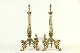 Pair of Antique Brass Fireplace Hearth Andirons #32891