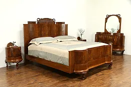 King Size Italian Art Deco Antique 4 Pc Olive Burl Bedroom Set, Bakelite  #32893