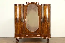 Italian Art Deco Antique Olive Burl Armoire, Wardrobe or Closet, Bakelite #32894