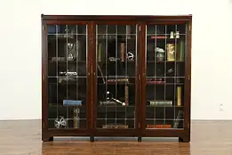 Oak Antique Triple Library Bookcase, Leaded Wavy Glass Doors #32913