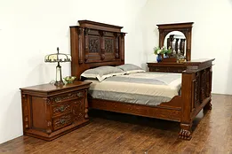 Victorian Antique Carved Oak Monumental 3 Pc Bedroom Set, King Size Bed #32993