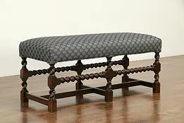 English Tudor Design Antique Oak 6 Spiral Leg Bench, New Upholstery  #33017