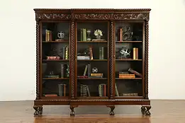 Oak Antique Triple Bookcase, Lion Heads, Claw Feet, Wavy Glass Doors #33060