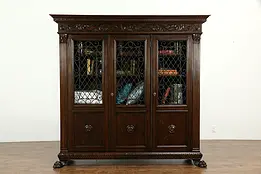 Italian Antique Walnut Triple Bookcase, Carved Lion Paws, Iron Grills #33235