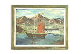 Sailboat and Mountains Original Vintage Oil Painting Signed #33475