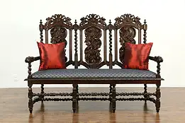 Black Forest Antique Carved Oak Settee Hall Bench, New Upholstery #33550