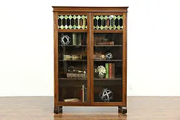 Oak Antique Bookcase Leaded Stained Glass Doors, Adjustable Shelves #33772