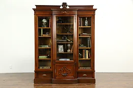 Victorian Antique Triple Library Bookcase, Curved Glass #33780