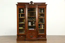 Victorian Antique Triple Library Bookcase, Curved Glass #33780