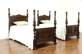Pair of English Tudor Design Antique Carved Oak Twin or Single Beds #33977