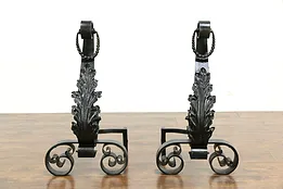 Pair of Antique Wrought Iron Large Fireplace Andirons #34040