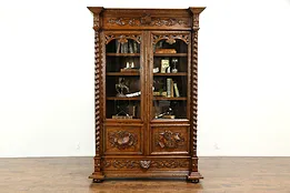 Black Forest Antique 1890 Oak Library Bookcase, Carved Art & Music Motifs #34098