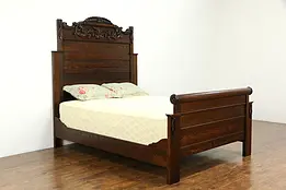 Victorian Antique 1900 Carved Oak Queen Size Bed  #33956