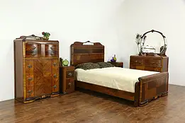 Art Deco Vintage 5 Pc Waterfall Bedroom Set Queen Size Bed  #33976