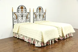 Pair of Twin Size Vintage Wrought Iron Beds, Carved Wood Mounts #35155