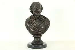 William Shakespeare Sculpture Bust Vintage Bronze Statue, Marble Base #34314