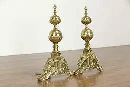 Pair of Antique Brass Fireplace Hearth Andirons, Lions & Scepter Motifs #34416