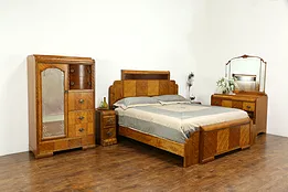 Art Deco Waterfall Design 1930's Vintage 5 Pc. Bedroom Set, King Size Bed #34650