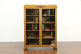 Oak Antique Office Bookcase, Carved Lion Head, Wavy Glass Doors #34358