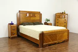 Art Deco Waterfall Vintage Bedroom Set Queen Size Bed, Chest, Nightstands #35250