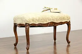 Carved Fruitwood Antique French Bench, New Upholstery #35648